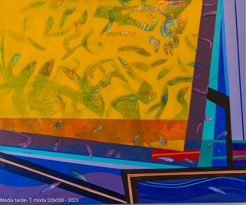 Vibrant Echoes of Dusk: A Mixed Media Exploration of Color and Form