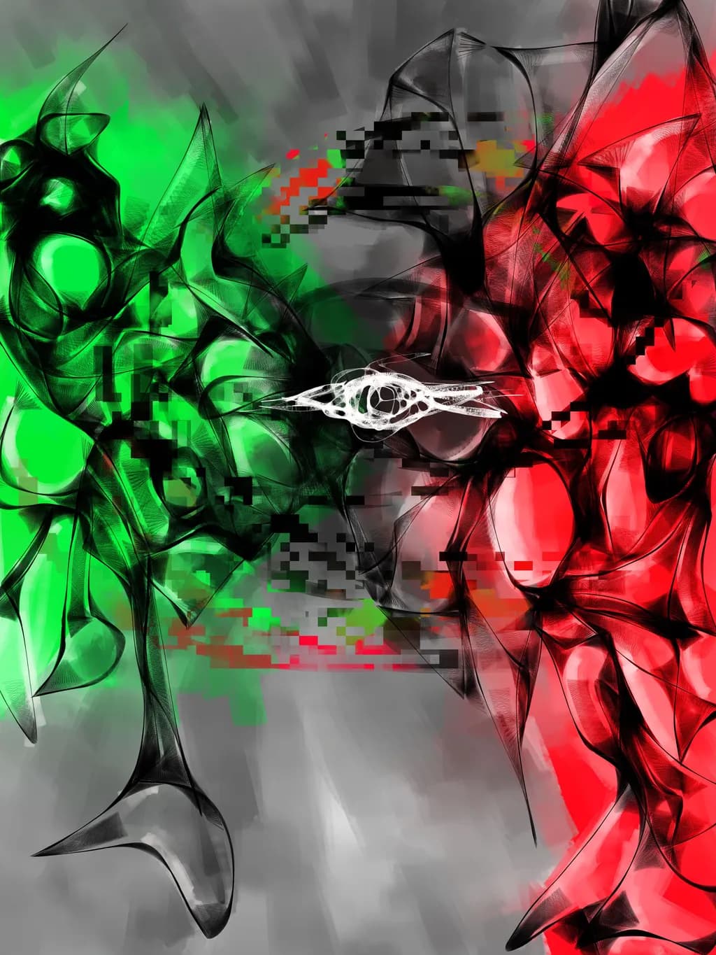 Vibrant Chaos: A Dynamic Dance of Abstract Forms and Contrasting Colors