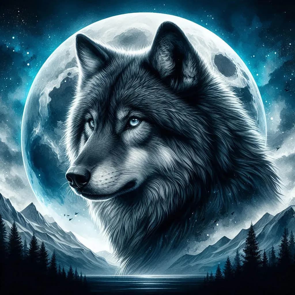 Moonlit Majesty: A Serene Wolf Portrait in Cosmic Blues