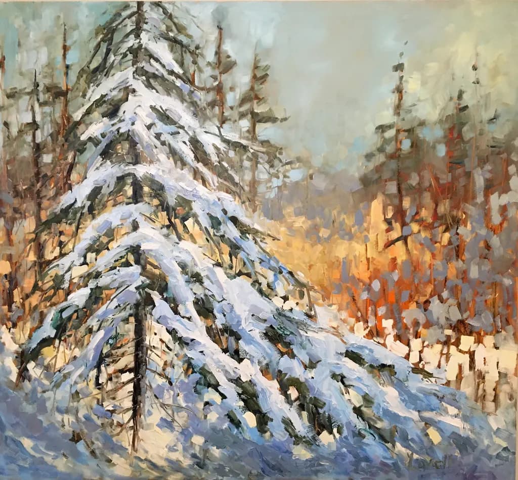 Whispers of Winter: A Snow-Covered Pine Amidst the Golden Glow of a Frosty Dawn