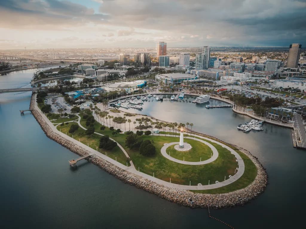 Coastal Serenity: Aerial View of the Lighthouse and Marina Landscape