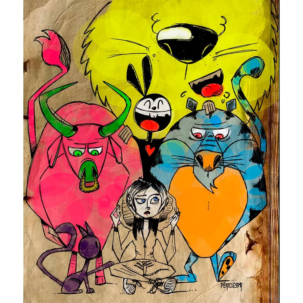 Whimsical Chaos: A Colorful Menagerie of Emotions and Friends