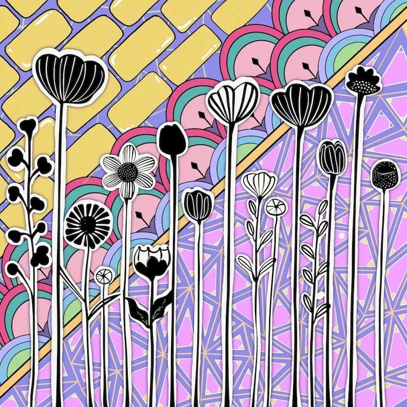 Whimsical Blooms: A Dance of Black and Colorful Patterns in Floral Harmony