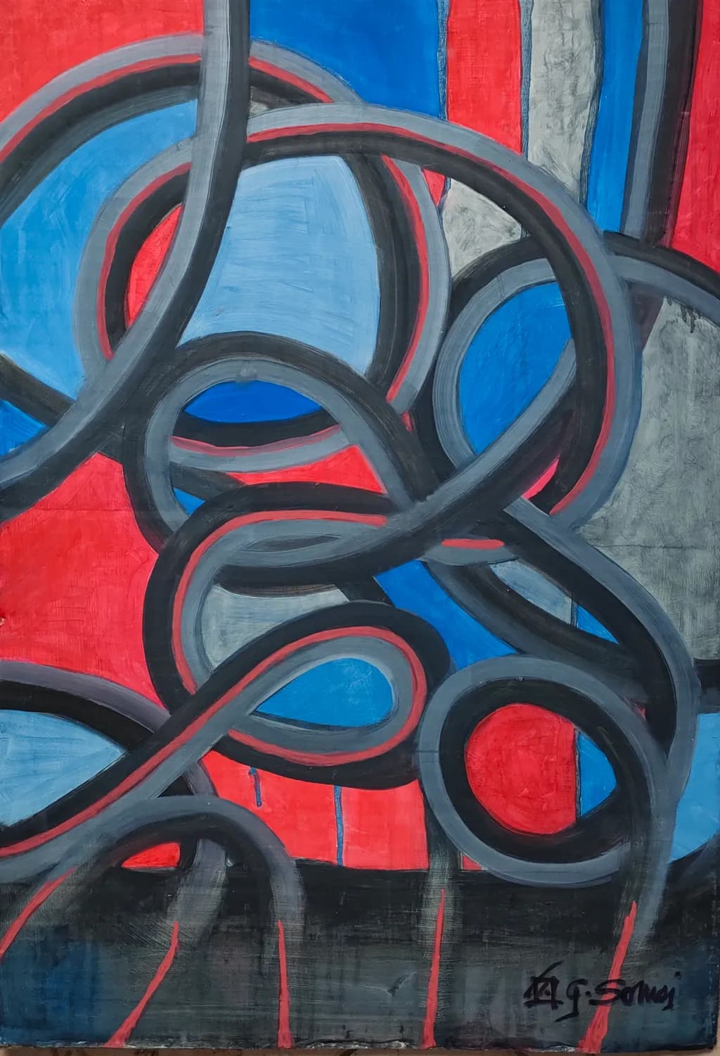 Vibrant Interplay: A Dance of Geometric Lines and Colorful Abstractions