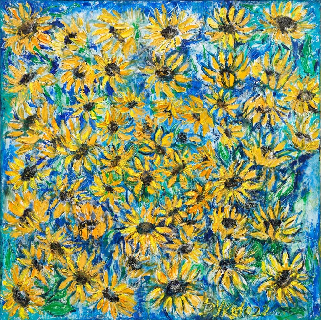 Sunlit Symphony: A Vibrant Dance of Sunflowers in Blue Bliss