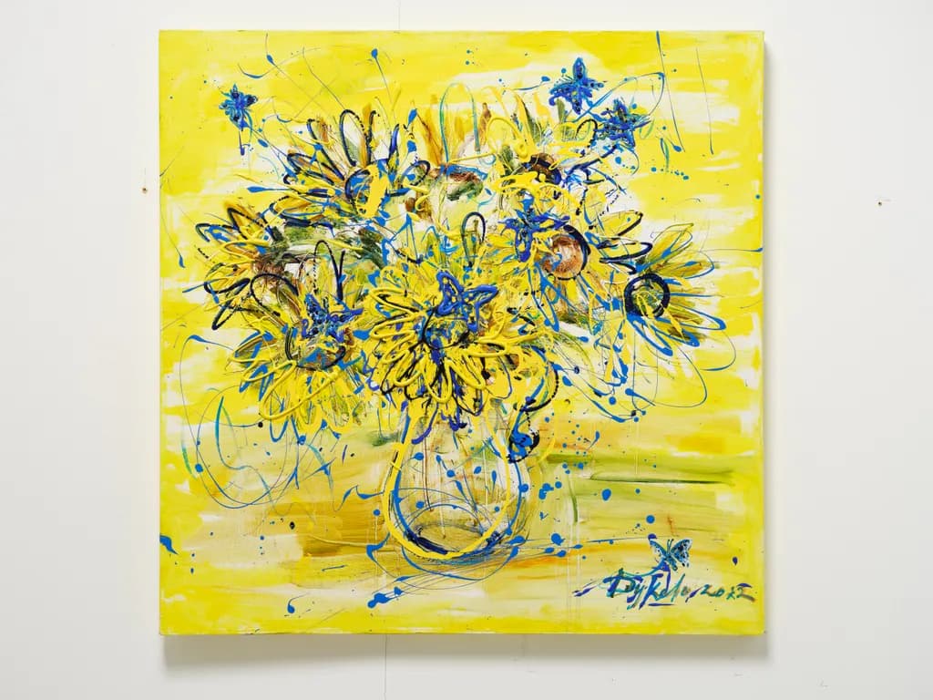 Vibrant Symphony: A Dance of Blue and Yellow Flowers in Abstract Harmony