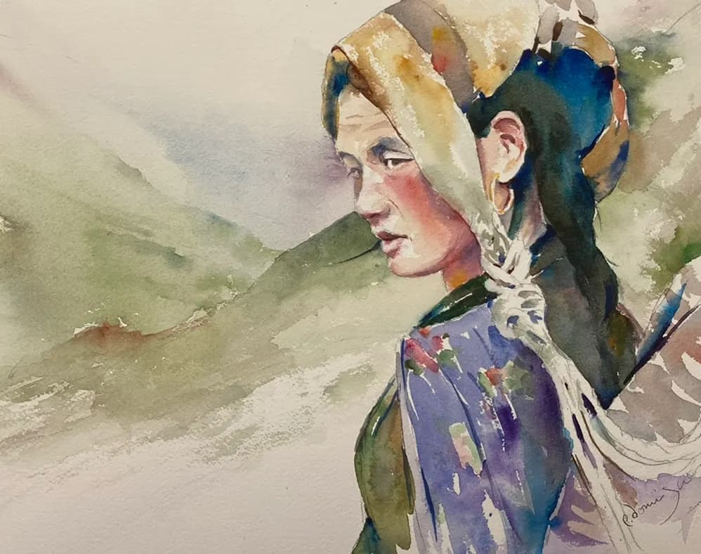 Whispers of Tradition: A Watercolor Portrait of Resilience and Grace