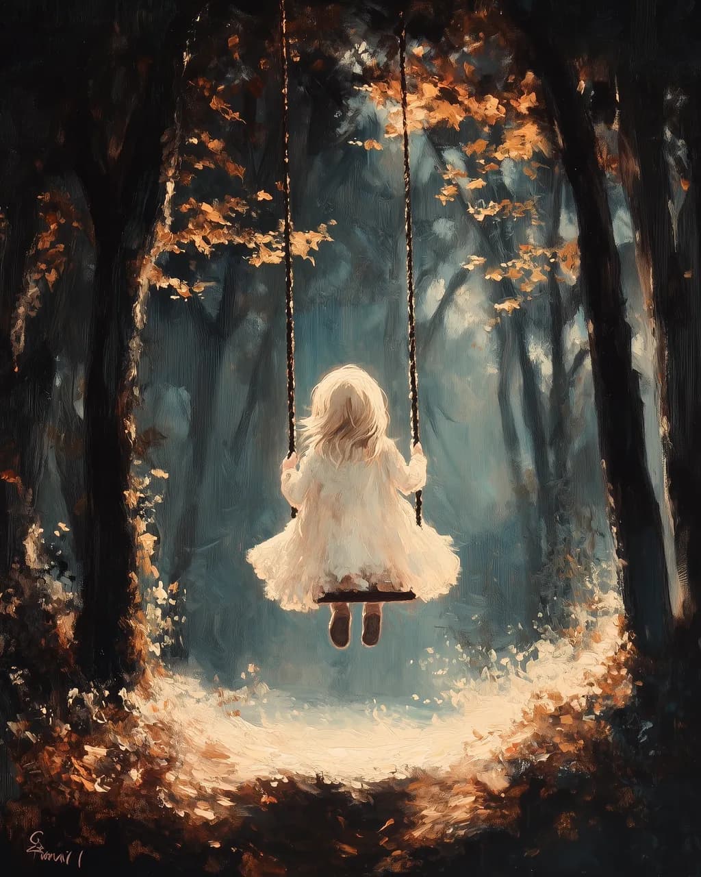 Whispers of Innocence: A Serene Autumn Swing in the Enchanted Forest