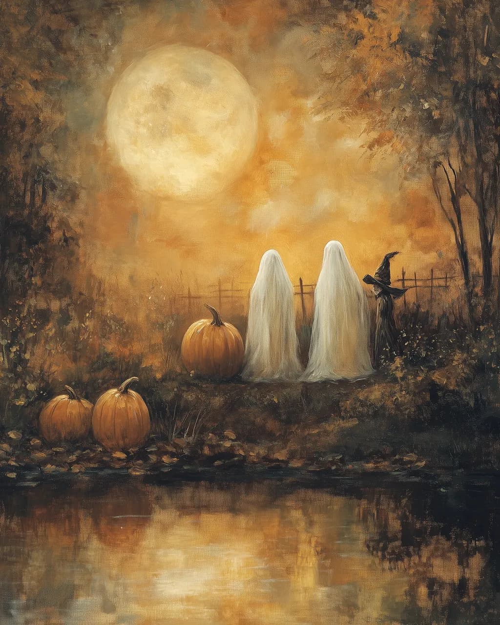 Whispers of Autumn: Ghostly Reflections Under the Harvest Moon