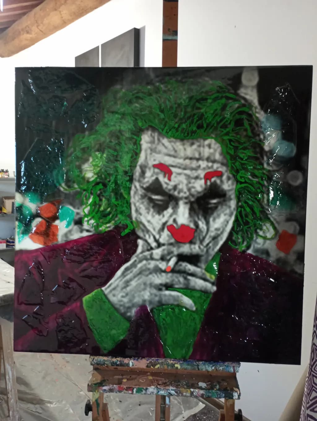 Whimsical Chaos: A Bold Interpretation of the Iconic Joker in Vivid Colors and Textures