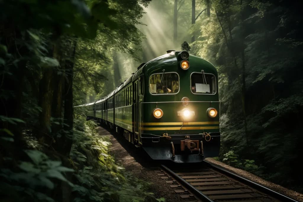 Green Train Through Forest