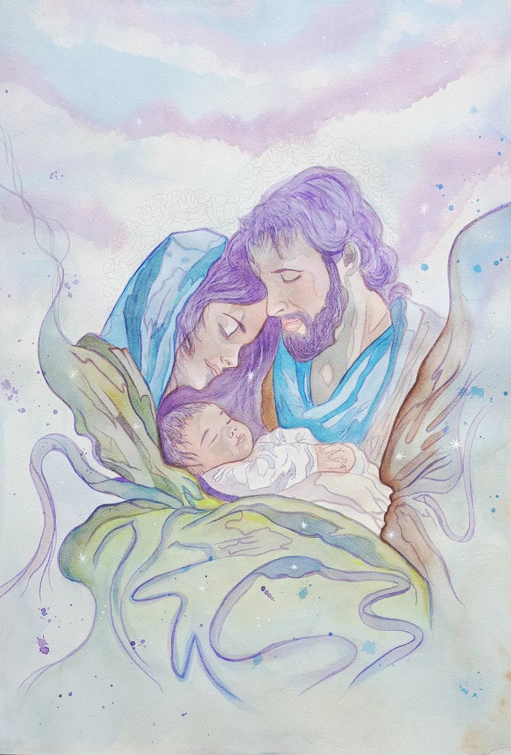 Embrace of Serenity: A Family's Love in Gentle Watercolors