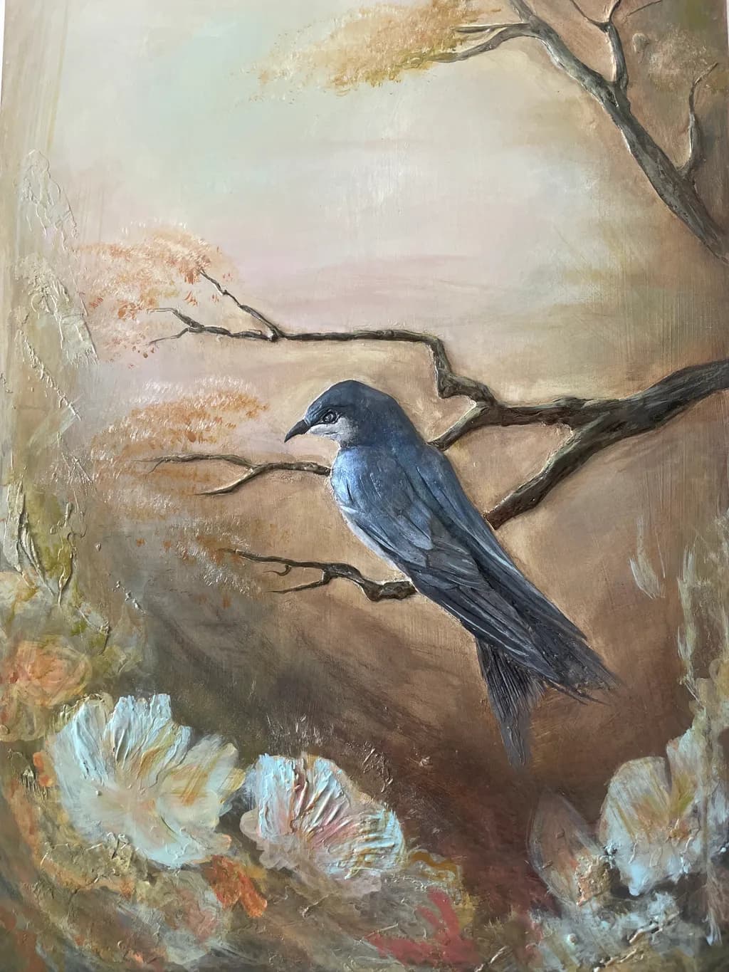 Whispers of Autumn: A Bluebird's Serenade Amidst Blossoms