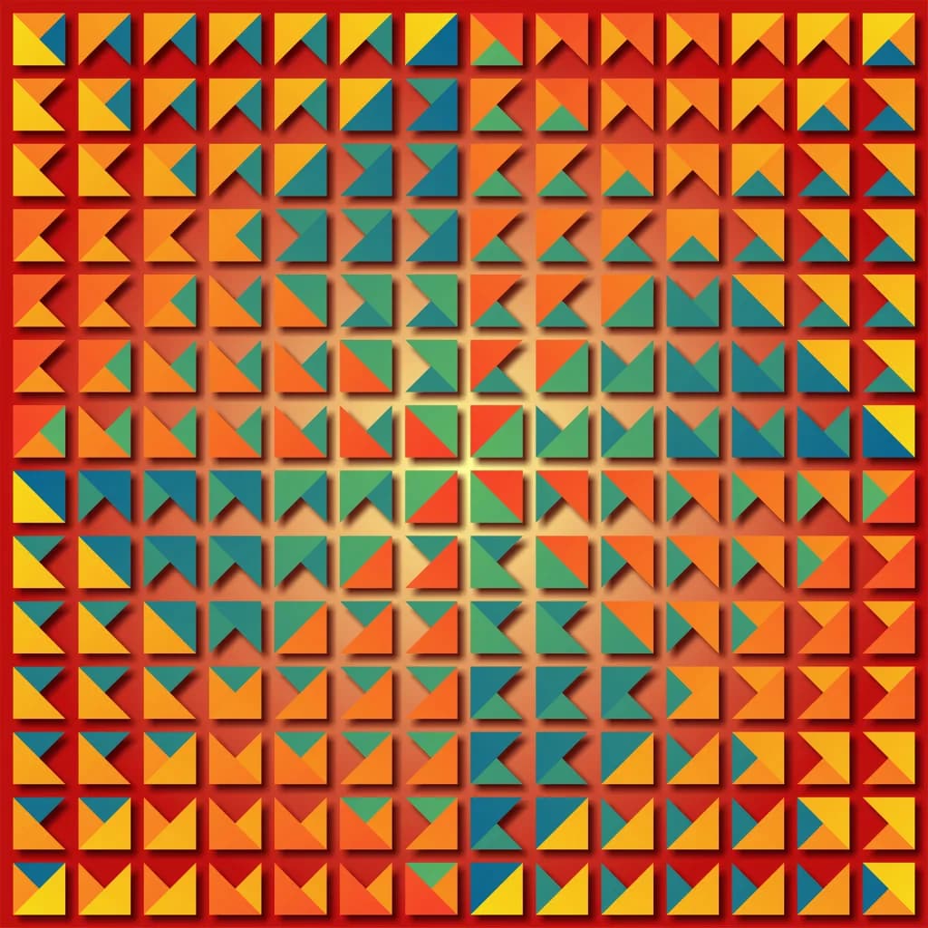 Vibrant Geometric Harmony: A Dance of Colorful Triangles and Shadows