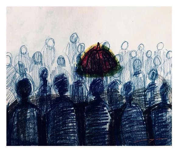Umbrella of Emotion: A Crowd's Silent Connection in Shadows and Contrast