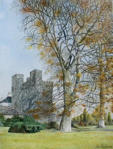 Whispers of Autumn: A Castle's Embrace Amidst Golden Leaves