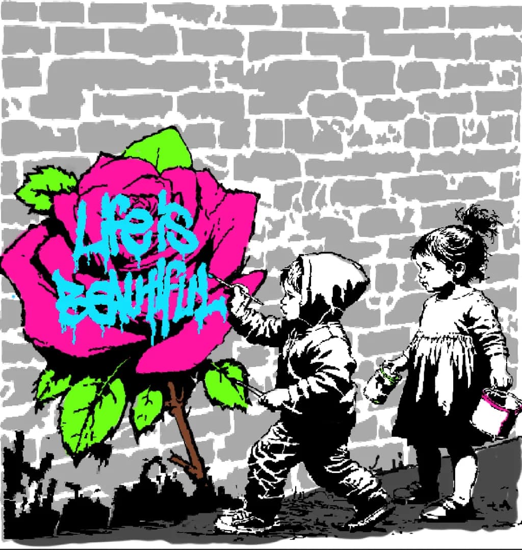 Life's Beautiful: A Colorful Urban Graffiti Journey with Children and Roses