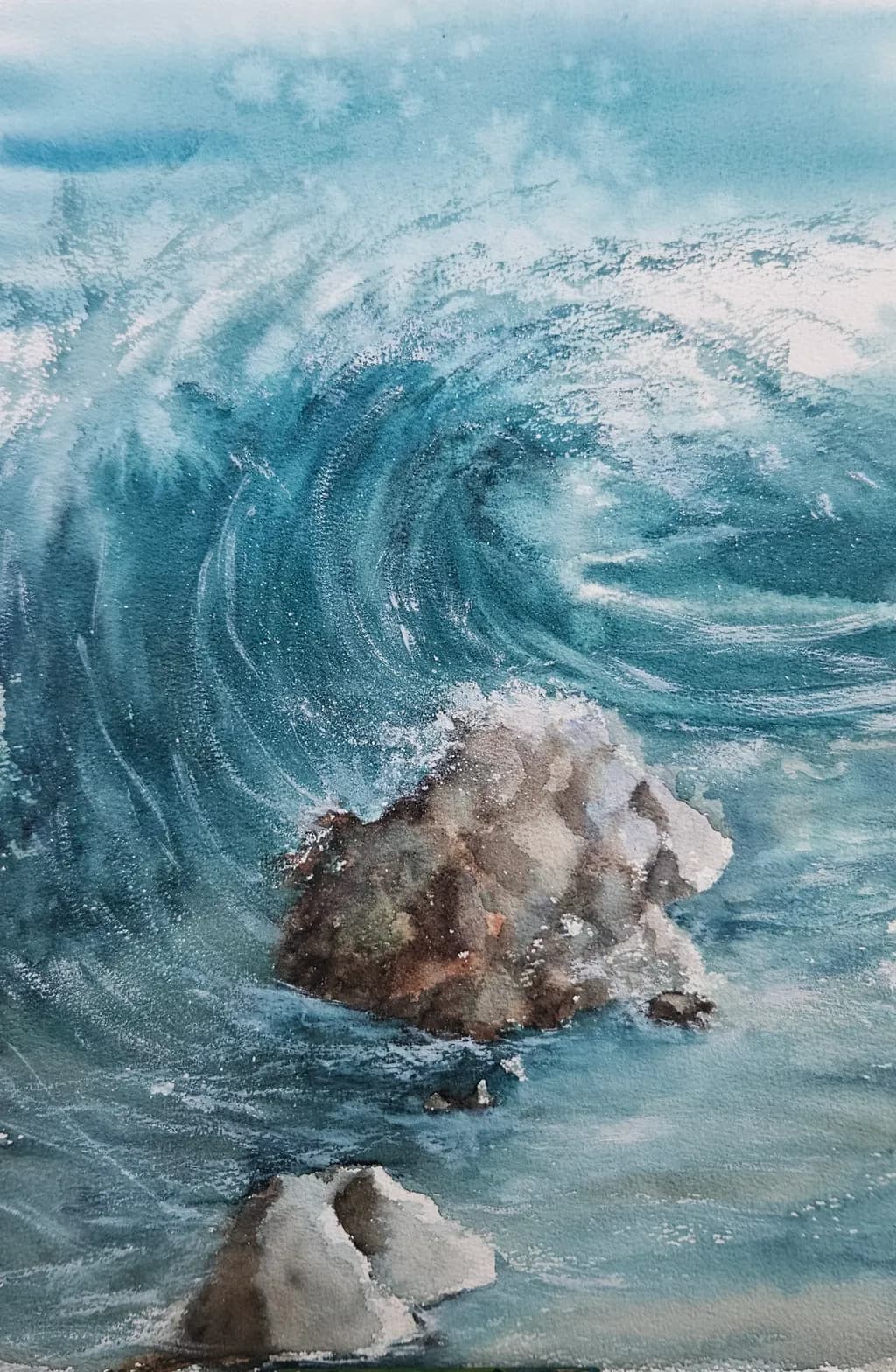 Ocean's Embrace: A Serene Dance of Waves and Rocks in Fluid Blue Tones