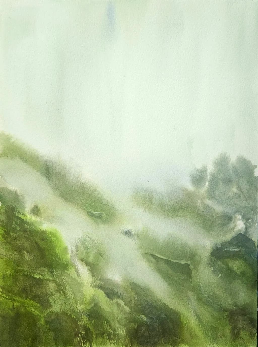 Whispers of the Mist: A Serene Green Landscape in Watercolor