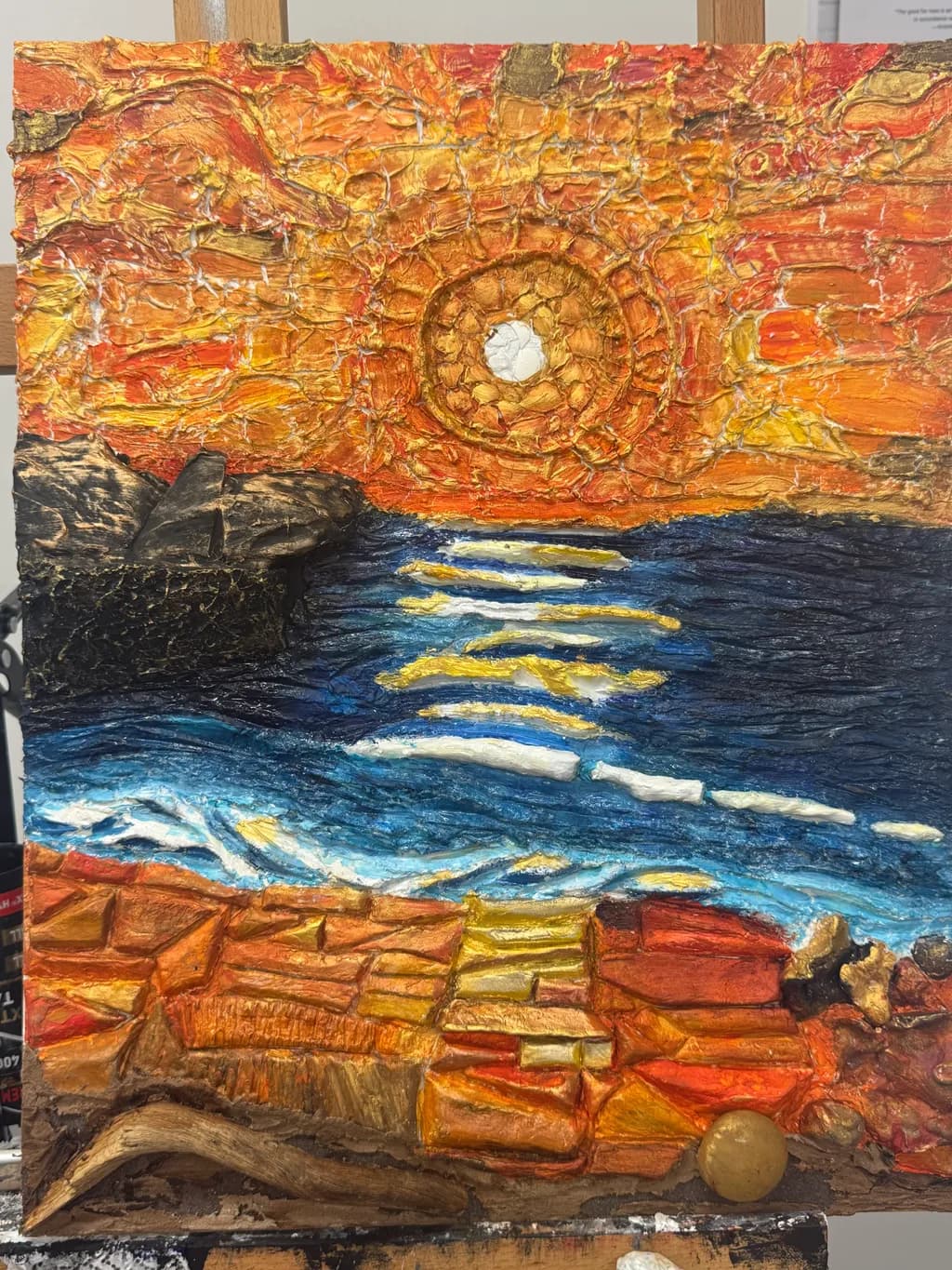 Radiant Horizon: A Textured Sunset Over Serene Waters