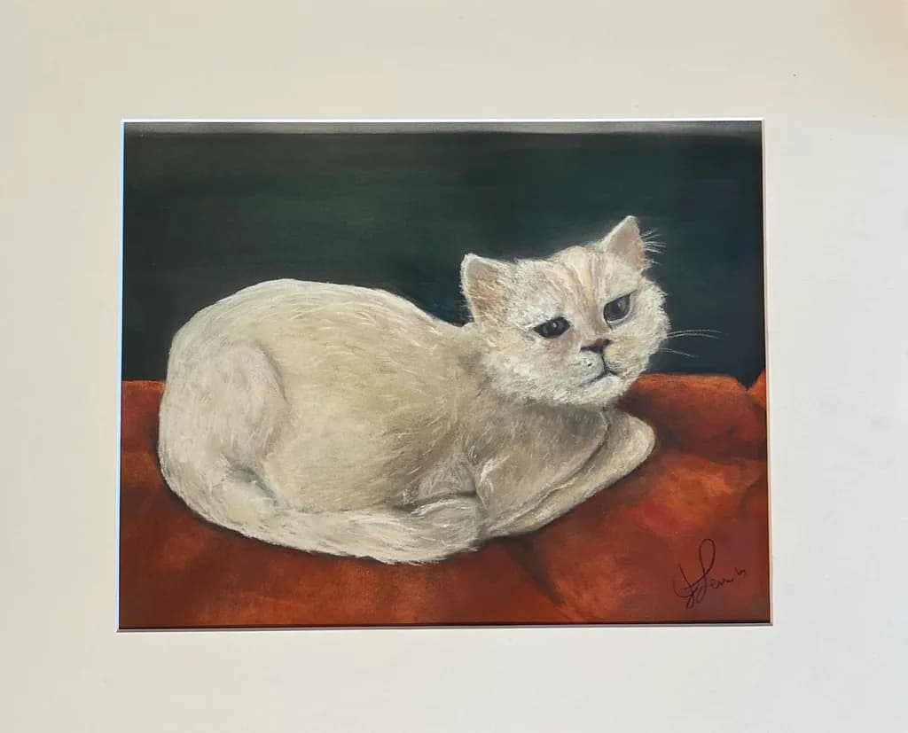 Whiskered Serenity: A Relaxed Portrait of a White Cat in Pastel Hues