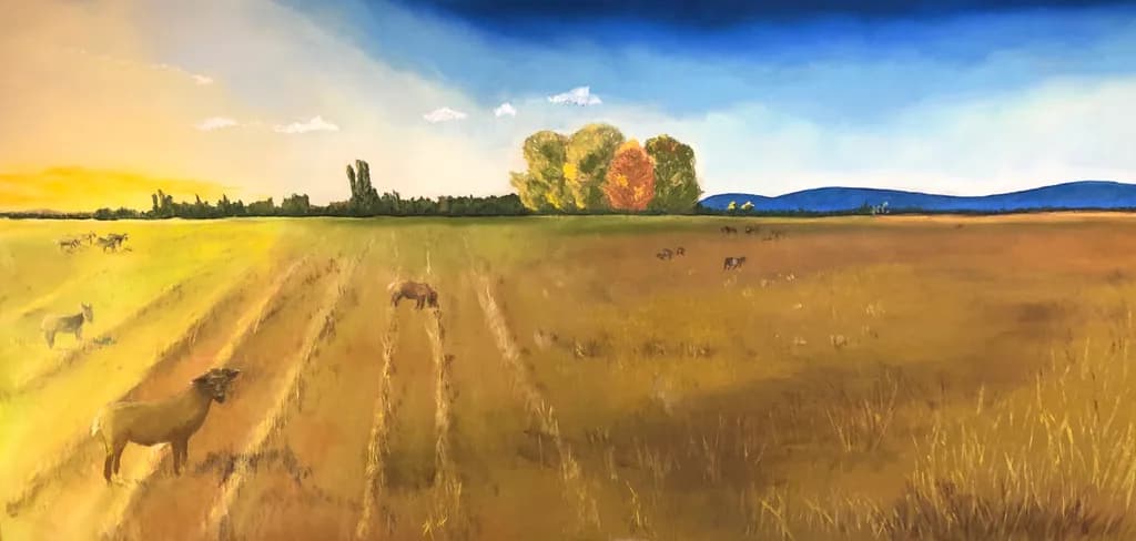 Golden Fields at Dusk: A Pastoral Journey Through Nature's Palette