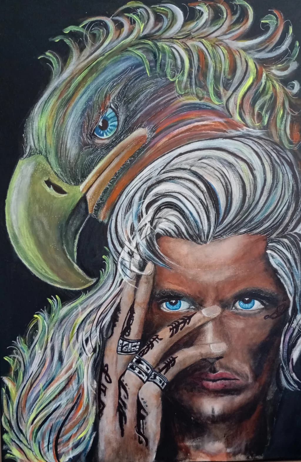 Vibrant Fusion: The Soul of Man and Bird in Expressive Contrast