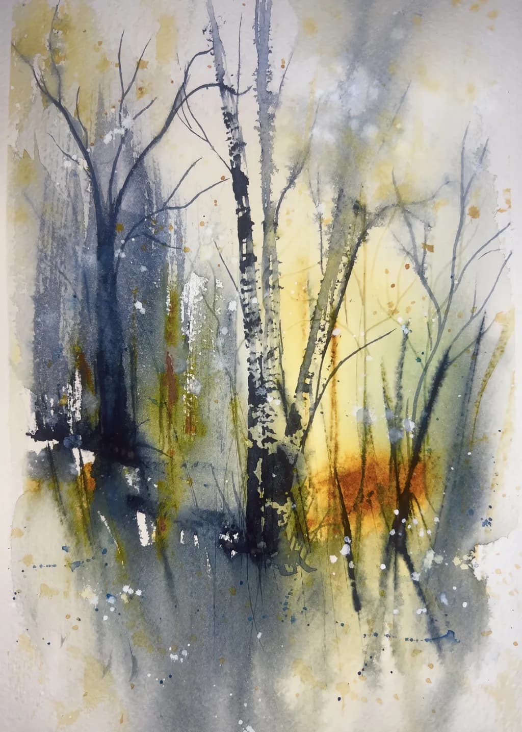 Whispers of Nature: A Serene Watercolor Landscape of Trees at Dusk