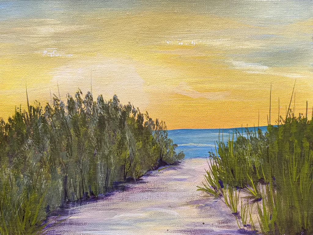 Serene Pathway to the Ocean: A Tranquil Sunset Escape