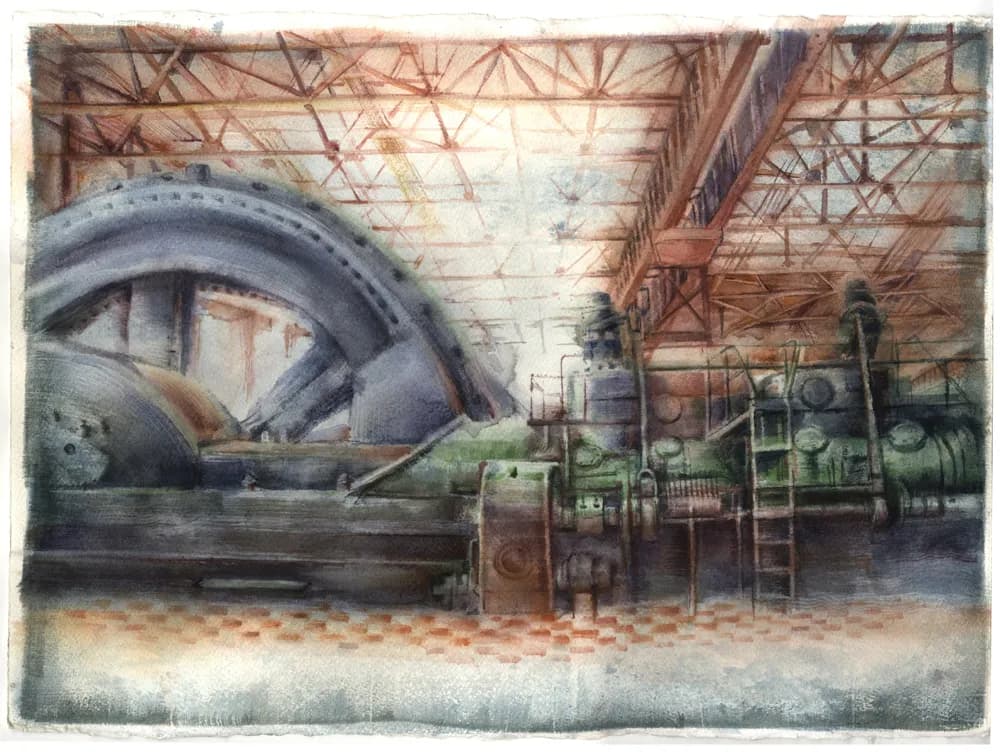 Industrial Symphony: A Watercolor Journey Through Machinery and Light