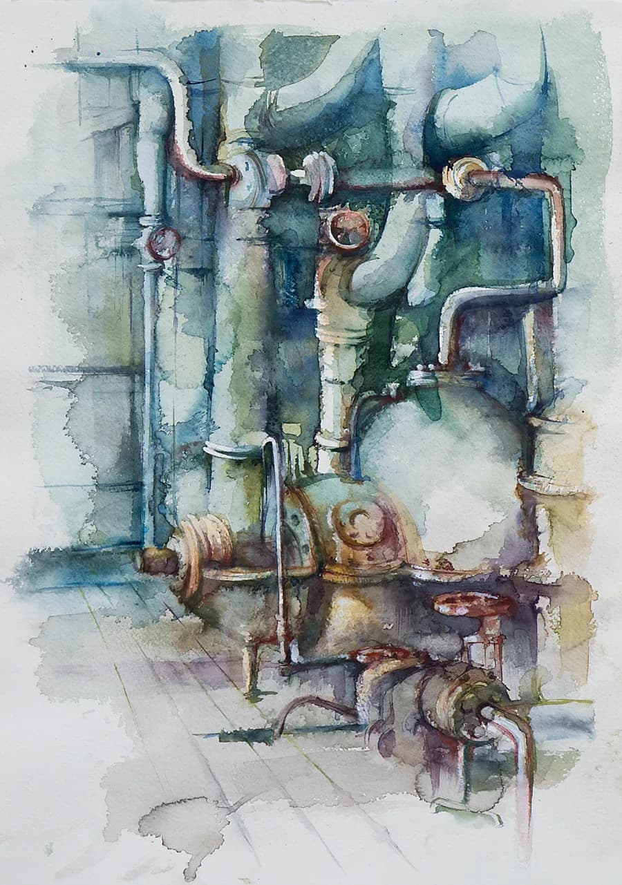 Industrial Symphony: A Watercolor Exploration of Pipes and Machinery