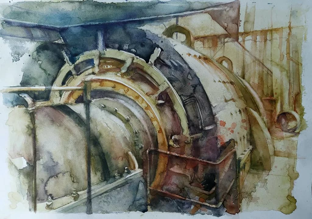 Industrial Harmony: A Watercolor Exploration of Mechanical Textures