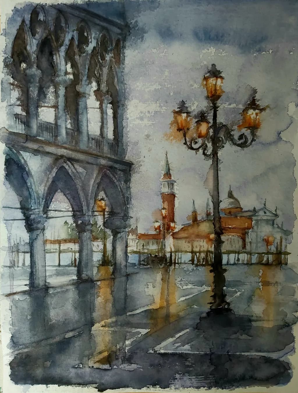 Evening Reflections: A Watercolor Journey Through Venice's Architectural Beauty