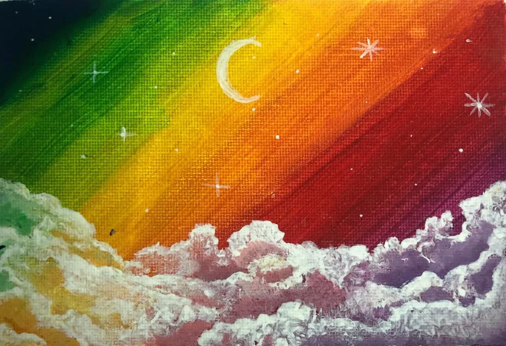 Celestial Dreams: A Vibrant Dance of Clouds and Stars in a Rainbow Sky