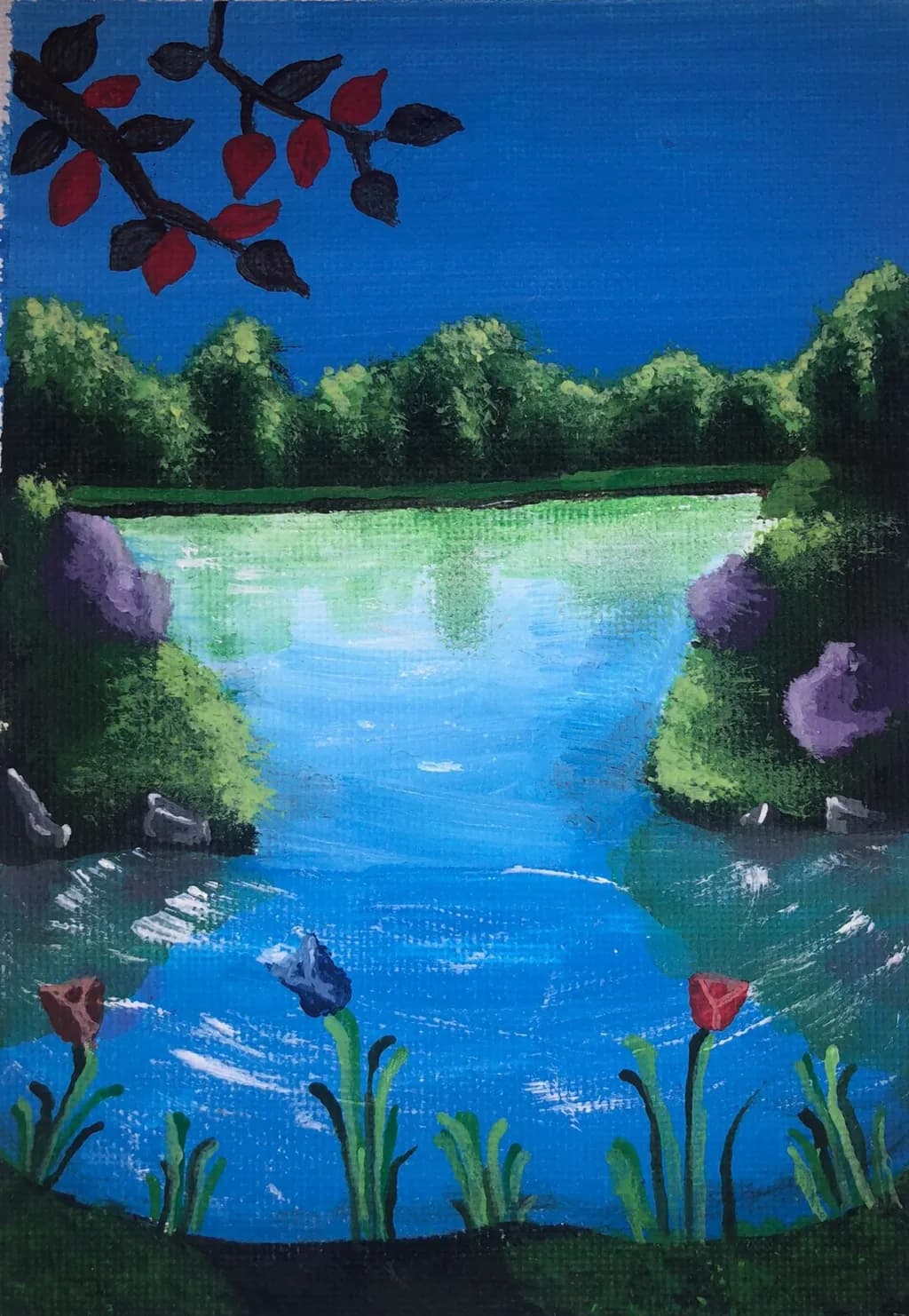 Serenity by the Water: A Tranquil Landscape of Blue Waters and Vibrant Flora