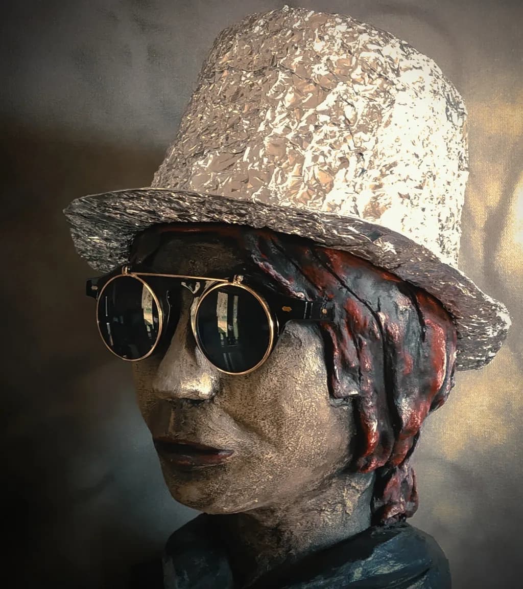 Creative Portrait in Sculpture: A Stylish Hat and Sunglasses Tribute