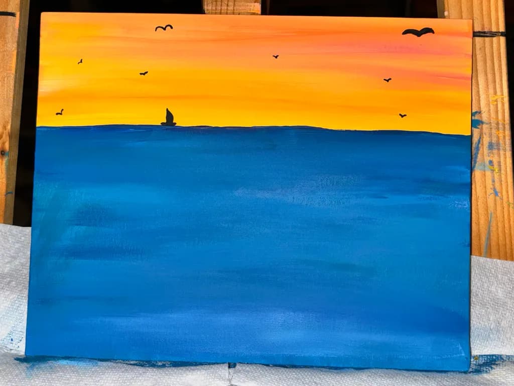 Serene Sunset Over Tranquil Waters: A Captivating Ocean Landscape Art Piece