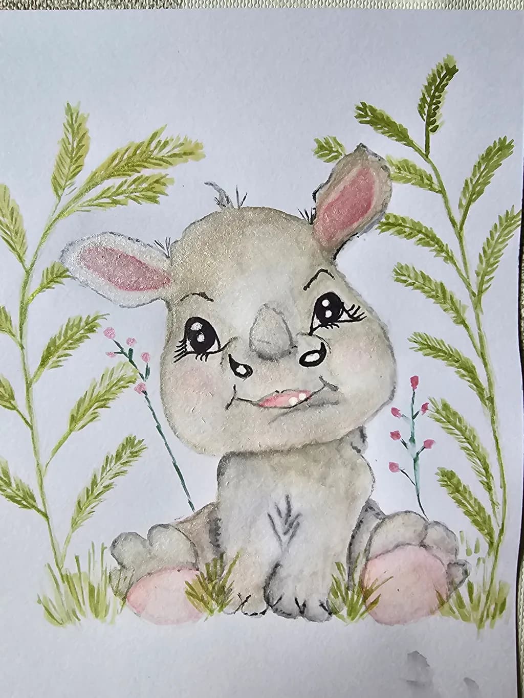 Whimsical Watercolor Bunny Surrounded by Delicate Greenery