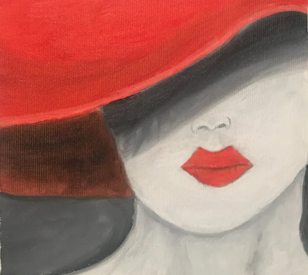 Elegant Red Hat: A Stylized Abstract Portrait of Grace and Mystery