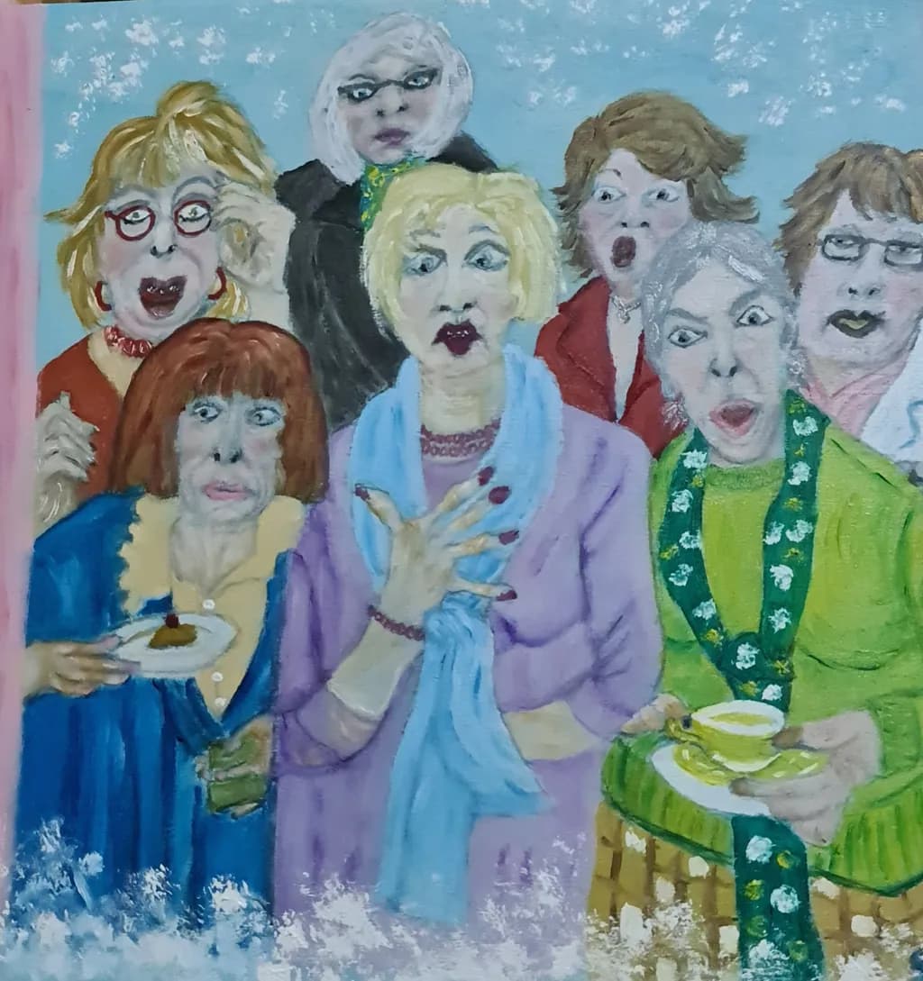 Whimsical Whispers: A Colorful Gathering of Surprised Friends