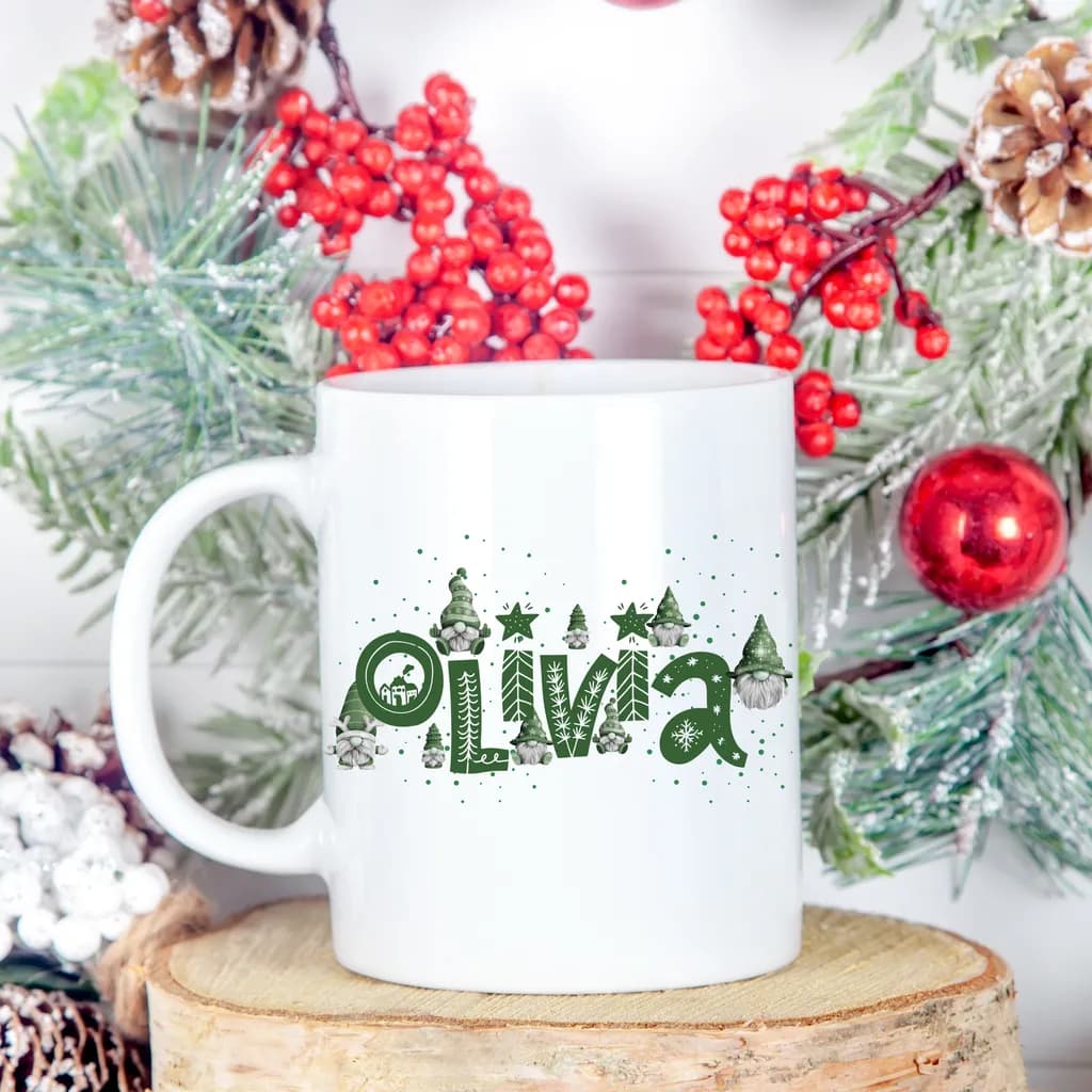Personalized Holiday Cheer: Custom "Olivia" Mug with Festive Greenery and Whimsical Designs