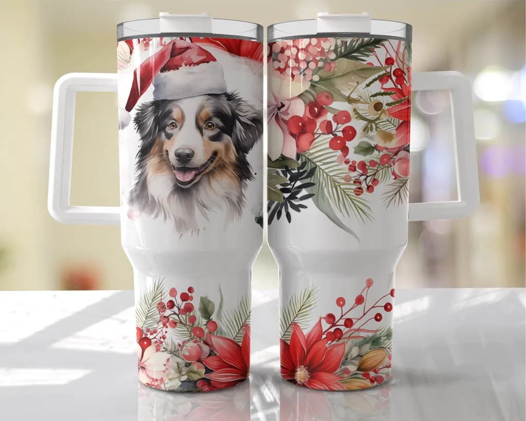 Festive Canine Cheer: Holiday Mug with Adorable Dog in Santa Hat and Floral Accents