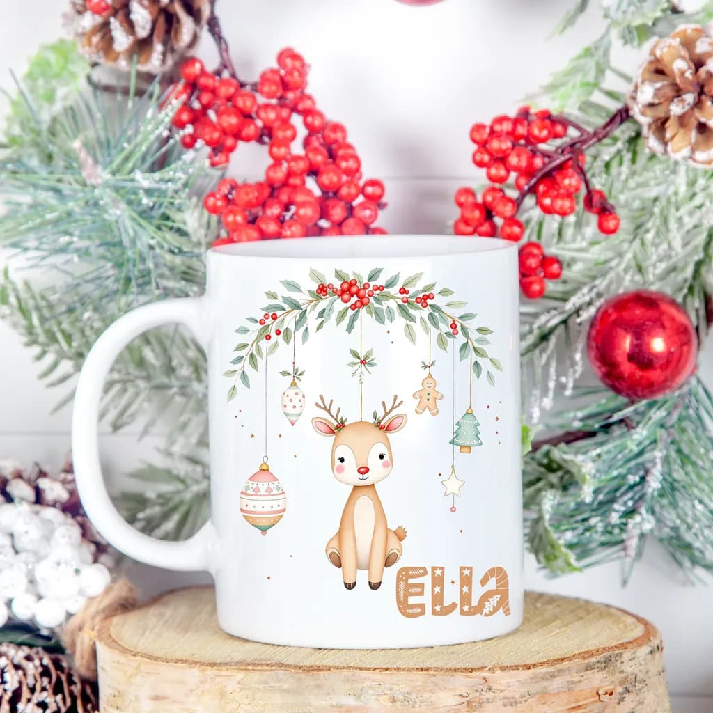 Whimsical Holiday Reindeer Mug with Personalized Name Design
