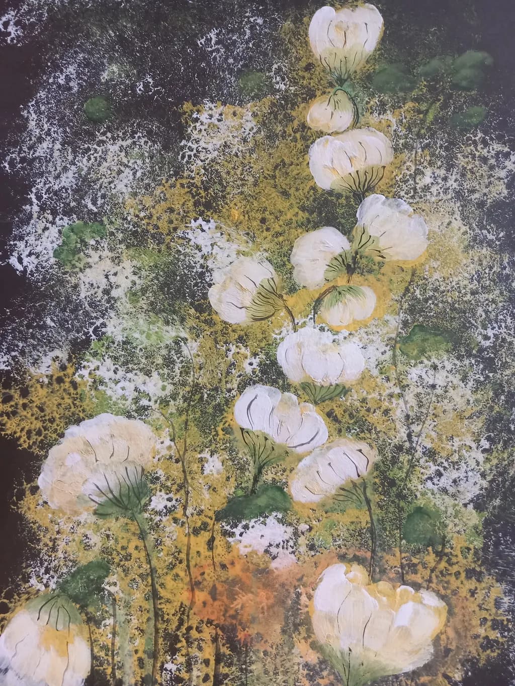 Whispers of Spring: A Dance of White Blooms on a Golden Canvas
