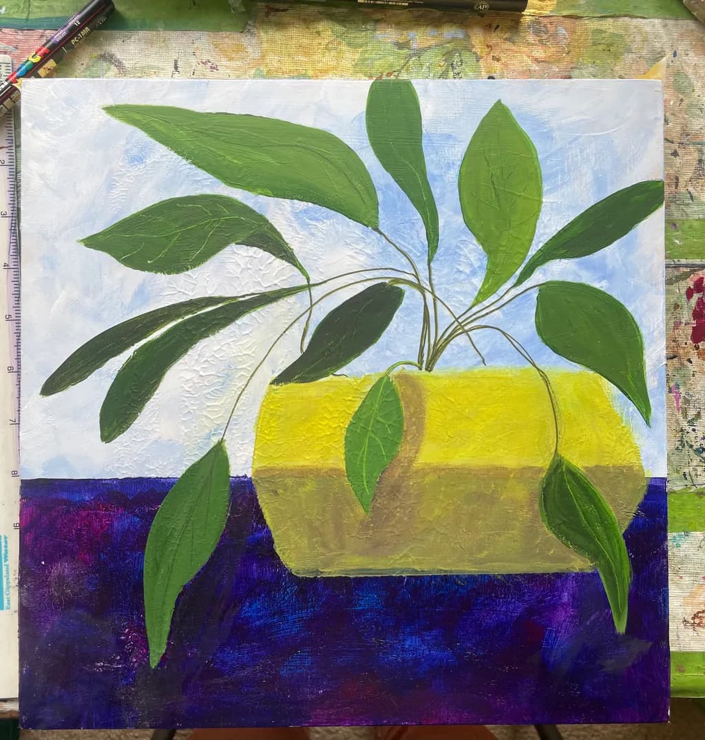 Vibrant Green Serenity: A Contemporary Still Life with Yellow Pot and Lush Leaves