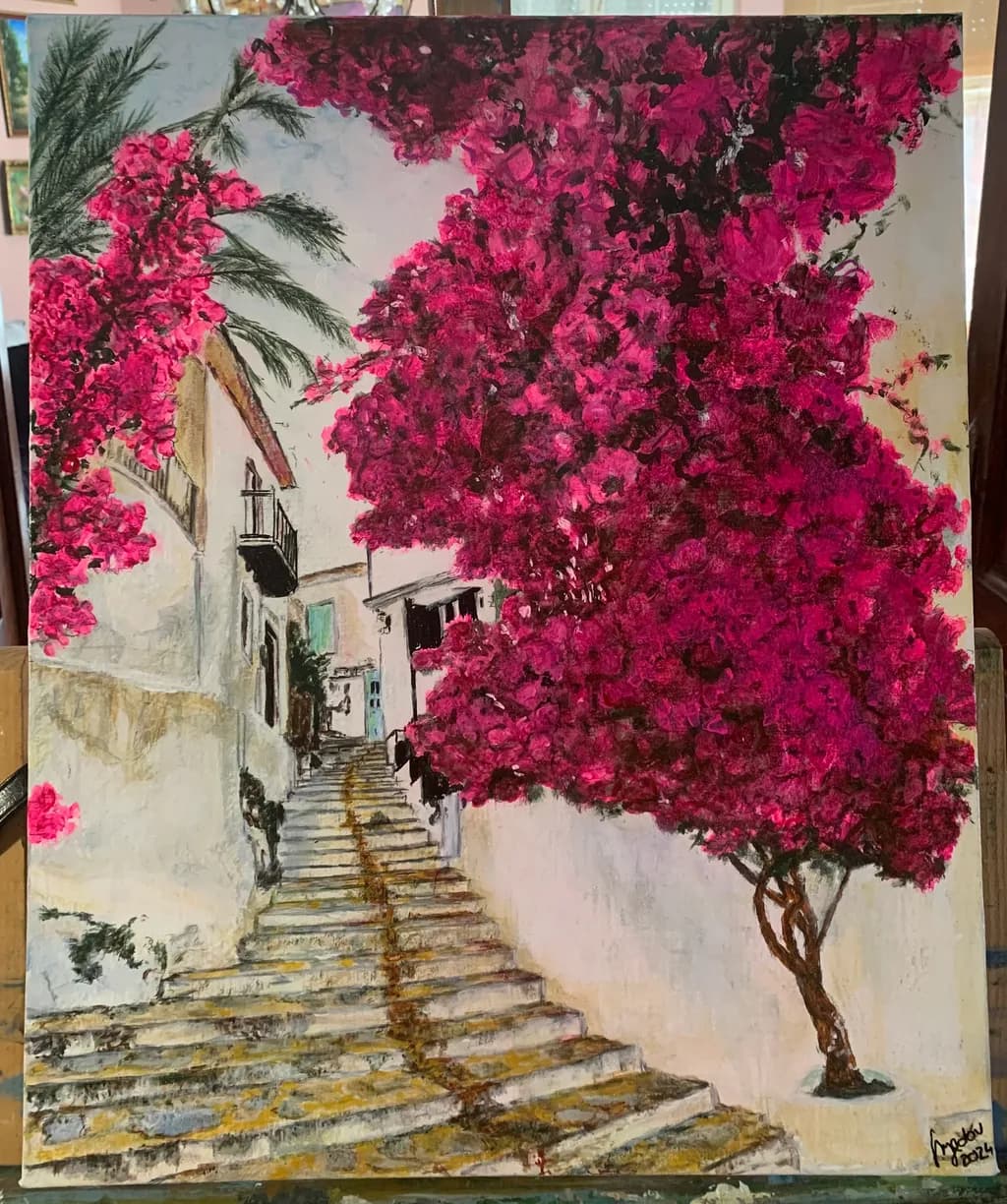 Bougainvillea Dreams: A Serene Stroll Through Vibrant Blossoms and Sunlit Steps