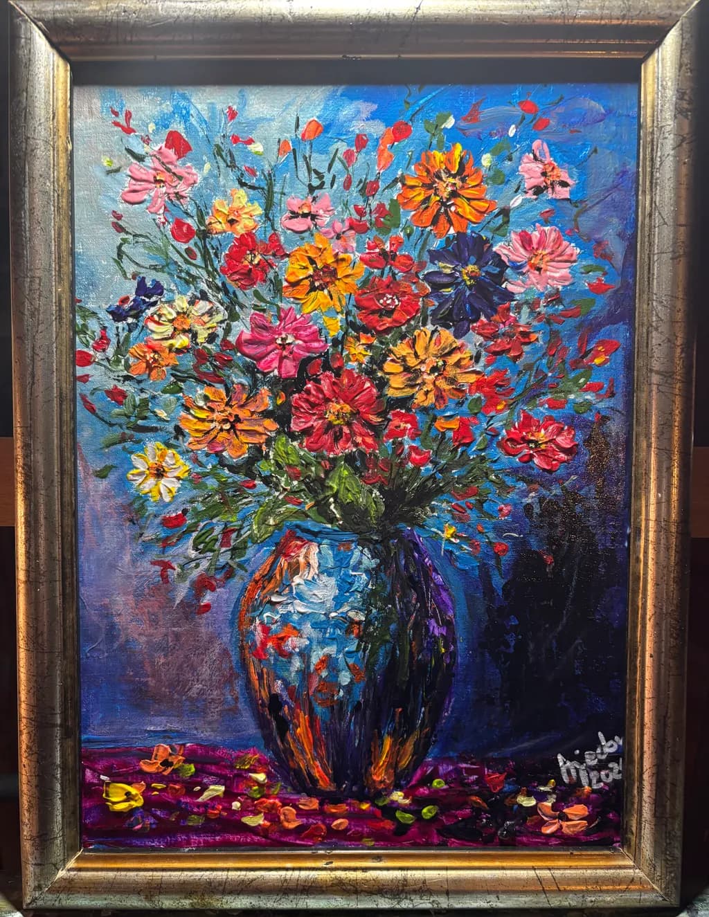 Vibrant Blossoms: A Colorful Symphony in a Blue Vase