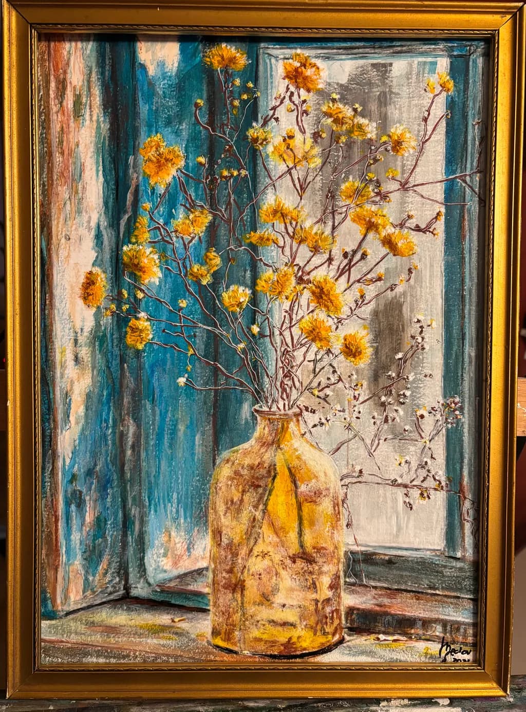 Golden Blossoms in a Rustic Vase: A Captivating Still Life of Nature's Beauty