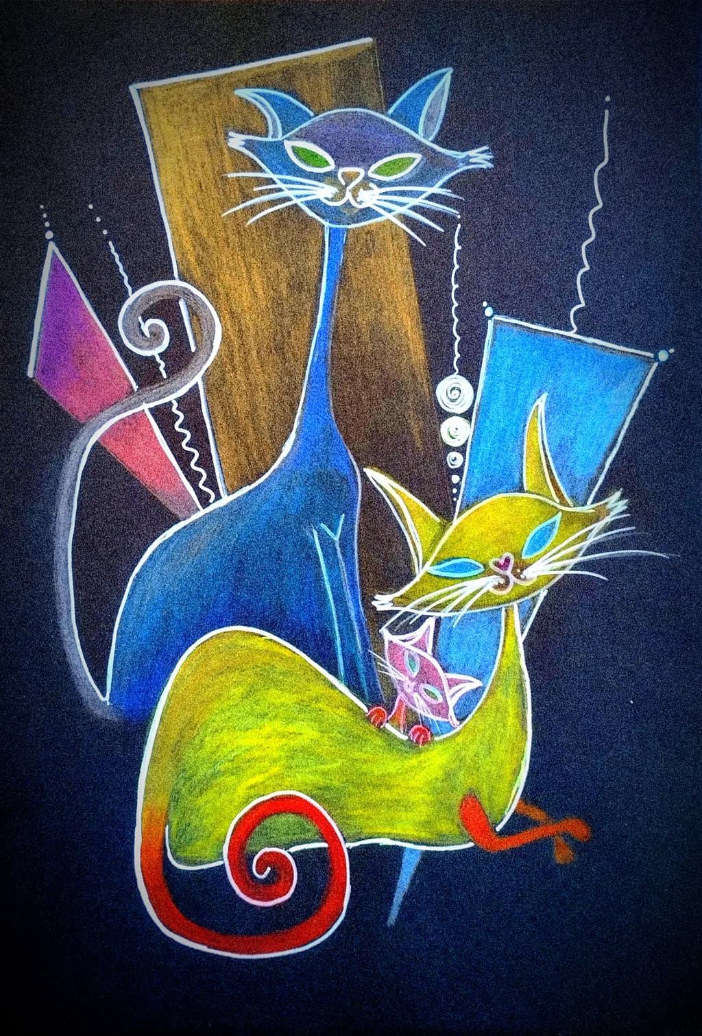 Whimsical Feline Trio: A Colorful Journey Through Cat Companionship