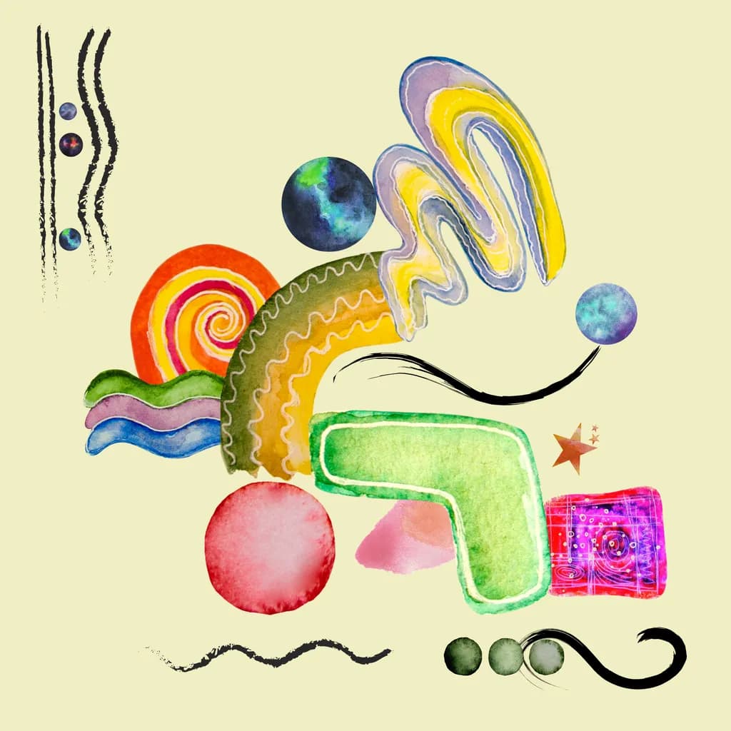 Vibrant Whimsy: A Dance of Colorful Shapes and Cosmic Curves